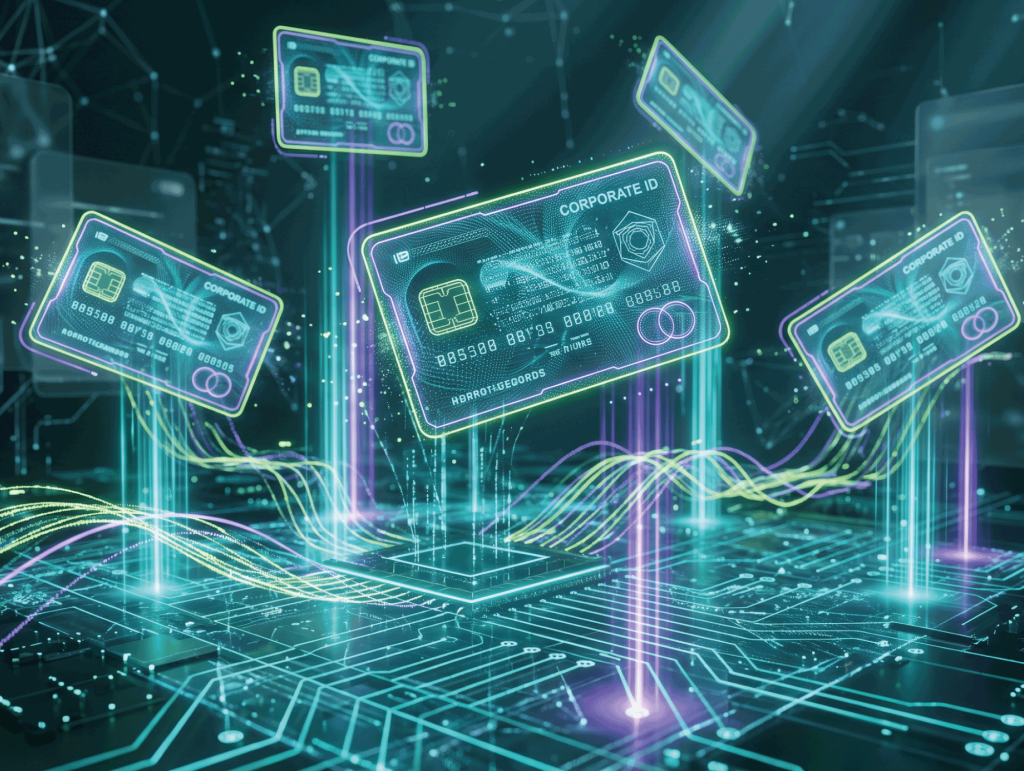 Interfaz tecnológica abstracta y nodos brillantes que representan el flujo de datos del servicio CaaS ID para la emisión de carnets.