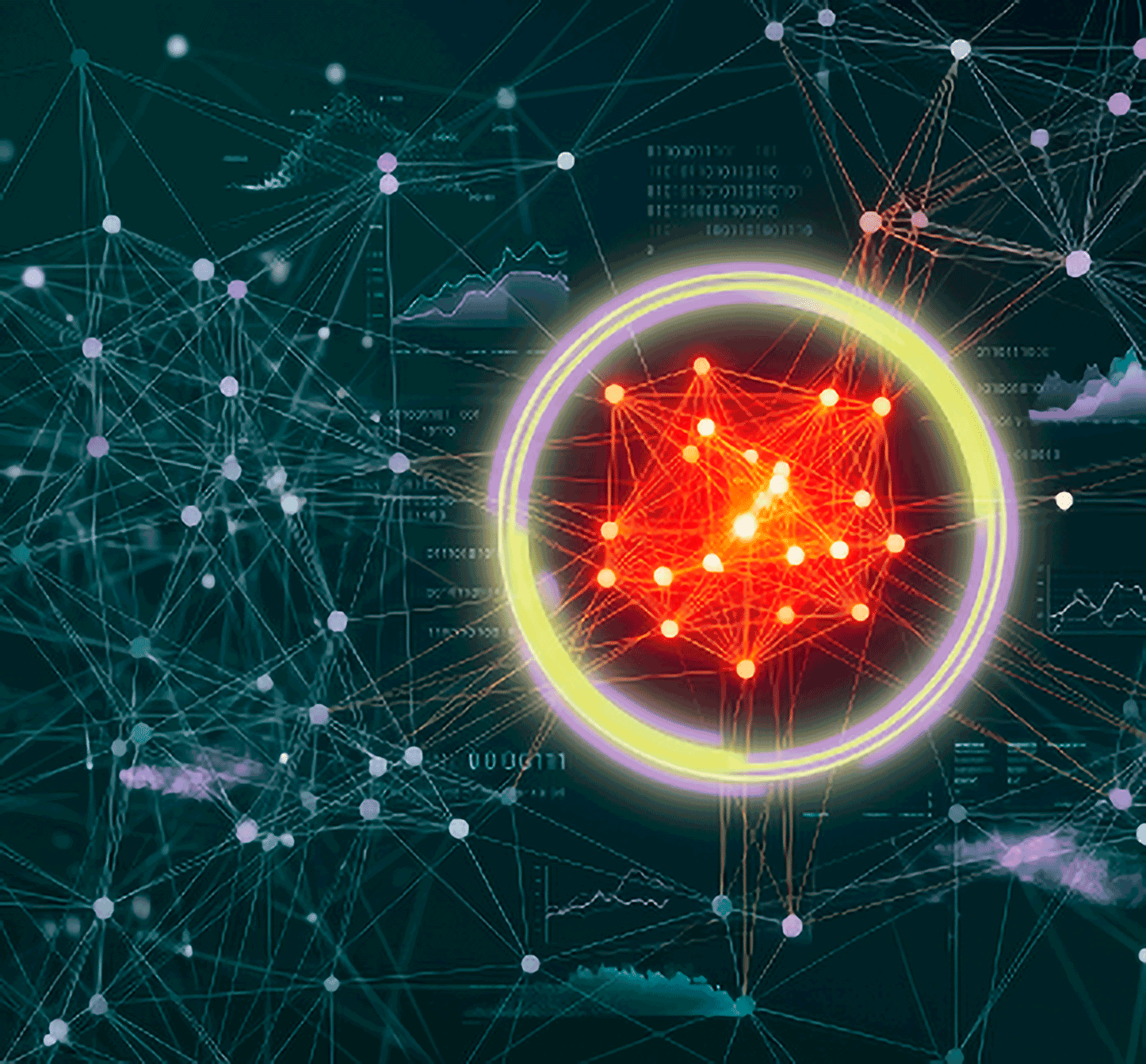 A complex digital data network visualization. The dark background features a diffuse web of white connecting nodes and lines. On the center-right, a prominent glowing yellow and purple ring highlights an intensely dense and hot red/orange core network of nodes, representing an isolated anomaly. Subtle data charts and text streams are embedded in the background.