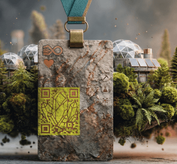 Un carnet conceptual con textura de piedra, vetas de cobre y un código QR amarillo brillante, colgando frente a un diorama hiperrealista de una instalación científica con cúpulas geodésicas y vegetación.