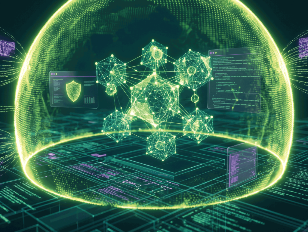 Interfaz tecnológica y escudos holográficos que representan la protección de datos contra el ransomware en infraestructuras del sector hidrocarburos.