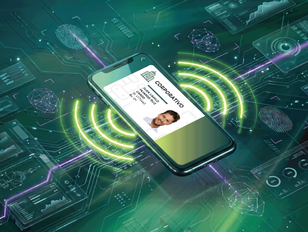 Representación 3D de tecnología NFC para la gestión de identidad corporativa y credenciales digitales seguras